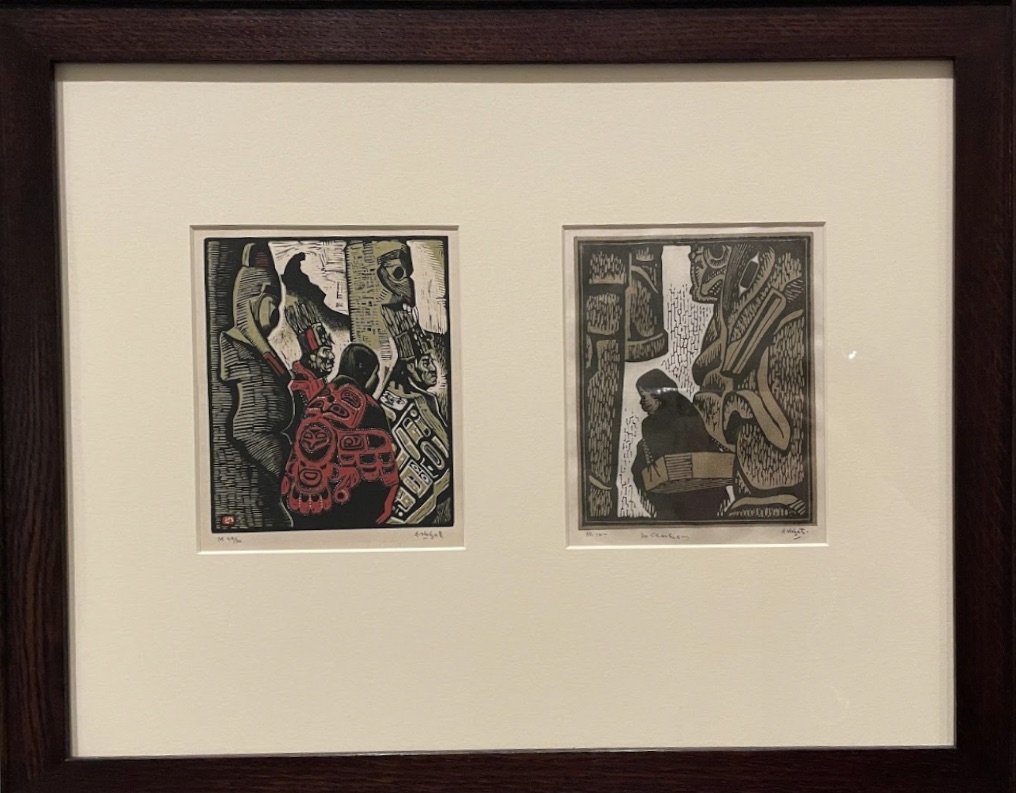 Left: Tsimshian Indians - 1926, wood engraving. Right - Totem Poles, No. 2 -1926 wood engraving.